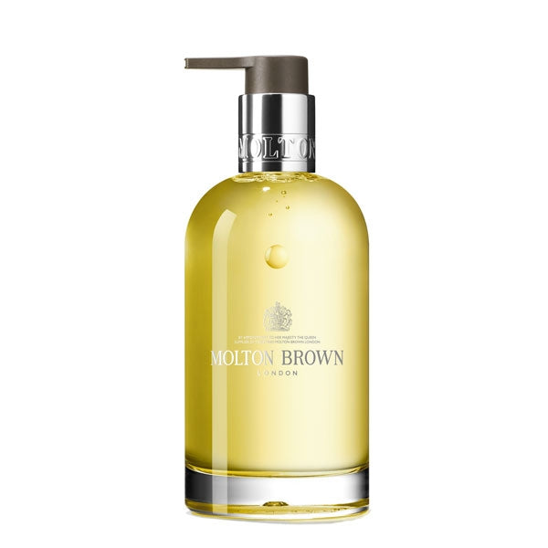 Molton Brown - Orange & Bergamot Fine Liquid Hand Wash - Glass Bottle mit leuchtend gelber Flüssigkeit und Pumpspender