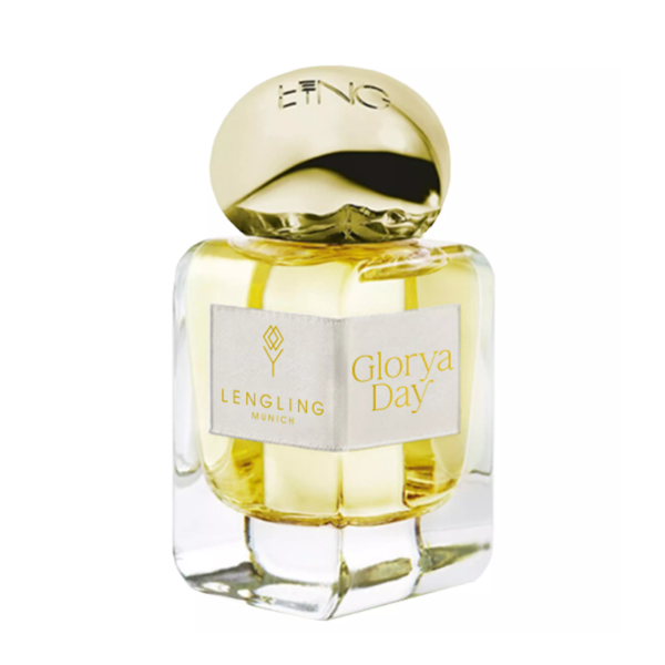 Lengling - Glorya Day Parfumflakon mit goldenem Verschluss und zartgelbem Duft vor weißem Hintergrund