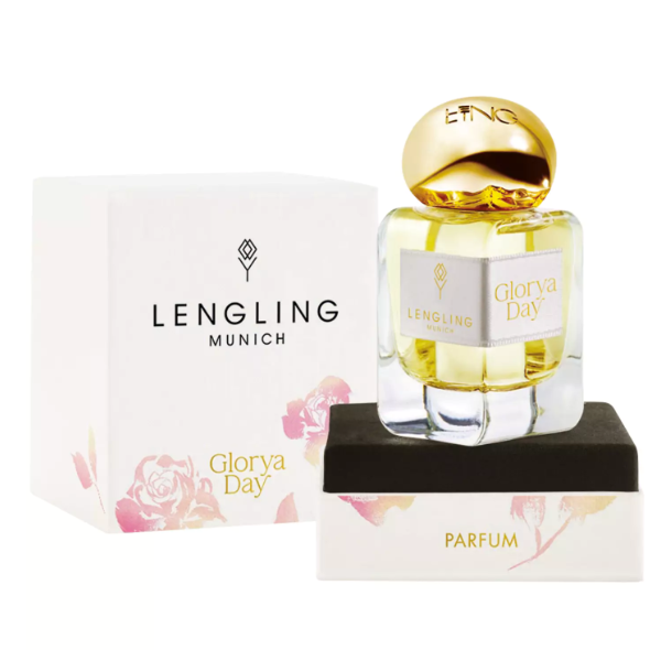 Lengling - Glorya Day Parfumflakon mit goldfarbenem Deckel und floralem Design neben elegantem Verpackungskarton