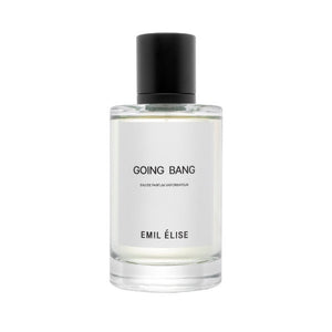 Emil Élise - going bang klarer Parfumflakon mit schwarzem Verschluss und minimalistischer weißer Etikettgestaltung