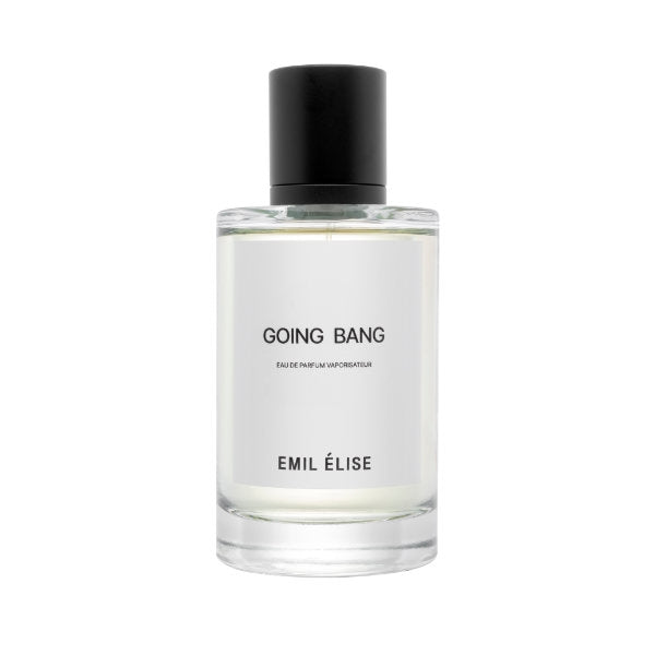 Emil Élise - going bang klarer Parfumflakon mit schwarzem Verschluss und minimalistischer weißer Etikettgestaltung