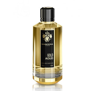 Mancera - Gold Aoud Parfumflakon in goldfarbenem Design mit schwarzem Etikett und elegantem Verschluss vor weißem Hintergrund
