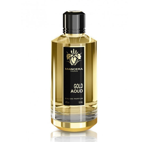 Mancera - Gold Aoud Parfumflakon in goldfarbenem Design mit schwarzem Etikett und elegantem Verschluss vor weißem Hintergrund