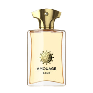 Amouage - Gold Man eleganter Parfümflakon mit goldenem Verschluss und warmem Bernsteinfarbton vor weißem Hintergrund