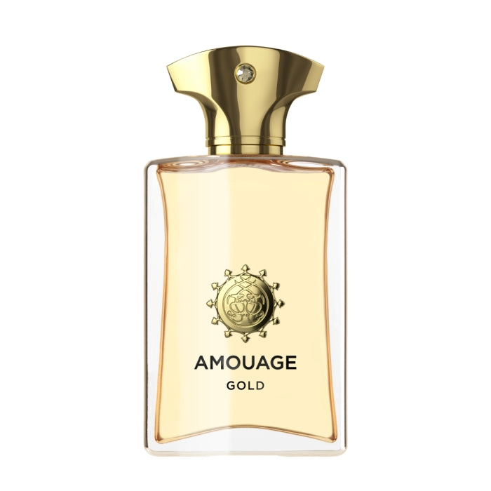 Amouage - Gold Man eleganter Parfümflakon mit goldenem Verschluss und warmem Bernsteinfarbton vor weißem Hintergrund
