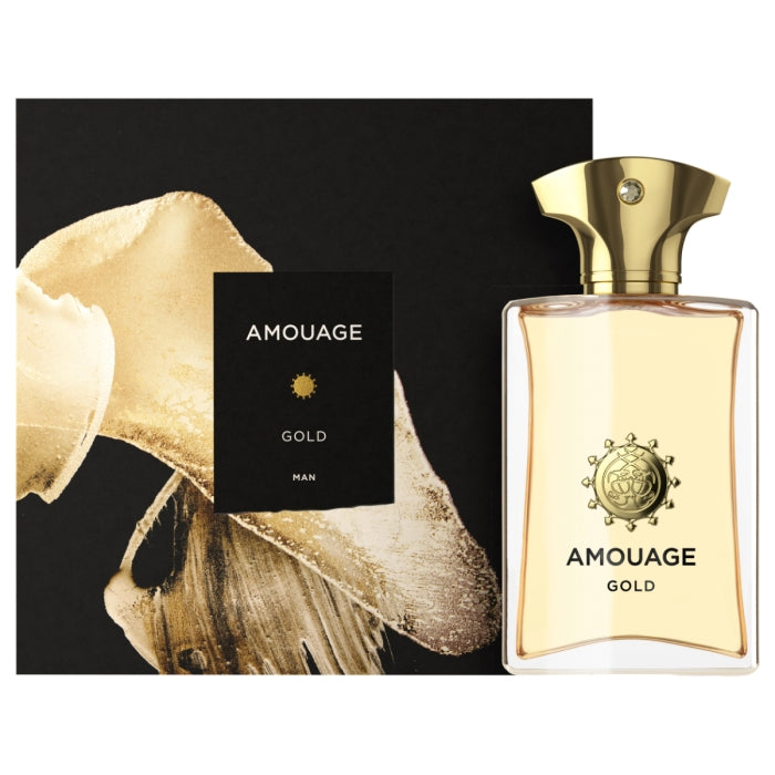 Amouage - Gold Man Duftflakon mit goldenem Verschluss neben schwarzer Box mit goldener Dekoration