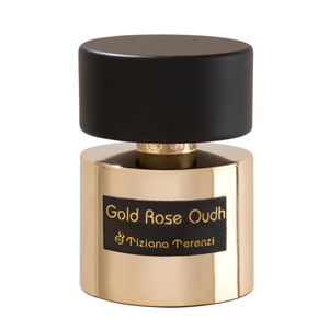 Tiziana Terenzi - Gold Rose Oudh Flakon mit goldfarbenem Körper und schwarzem rundem Deckel in edlem Design
