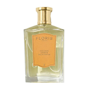 Floris - Golden Amber Parfumflakon mit goldenem Verschluss und schlichtem bernsteinfarbenem Etikett vor weißem Hintergrund