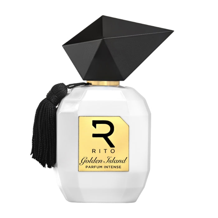 Rito - Golden Island Parfum in elegant facettiertem weißen Flakon mit schwarzem Deckel und goldenem Label vor weißem Hintergrund