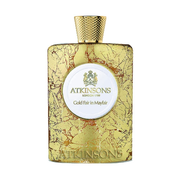 Atkinsons 1799 - Gold Fair in Mayfair Parfumflakon mit goldener Marmorierung und strukturierter Oberfläche vor weißem Hintergrund