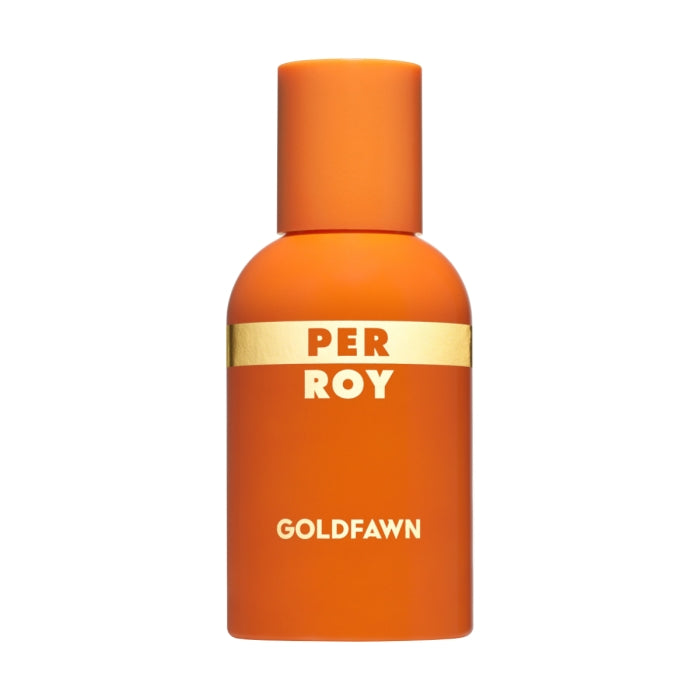 Perroy Parfum - Gold Fawn oranger Flakon mit goldfarbenem Schriftzug vor weißem Hintergrund