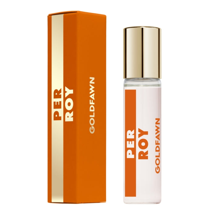 Perroy Parfum - Gold Fawn klare Flasche mit goldfarbenem Verschluss neben orangefarbener Verpackung vor weißem Hintergrund