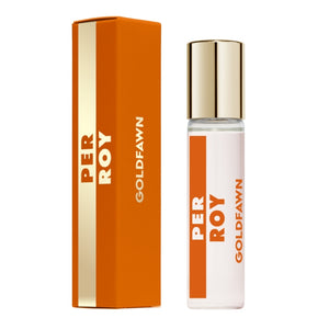 Perroy Parfum - Gold Fawn klare Flasche mit goldfarbenem Verschluss neben orangefarbener Verpackung vor weißem Hintergrund