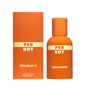 Perroy Parfum - Gold Fawn oranger Flakon und Verpackung mit goldfarbenem Schriftzug vor weißem Hintergrund
