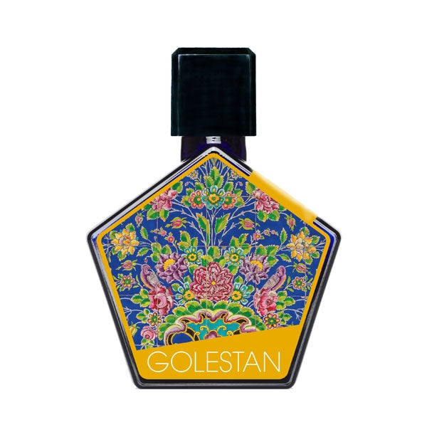 Andy Tauer - Golestan Parfumflakon mit farbenfrohem Blumenmuster und schwarzem Verschluss auf weißem Hintergrund