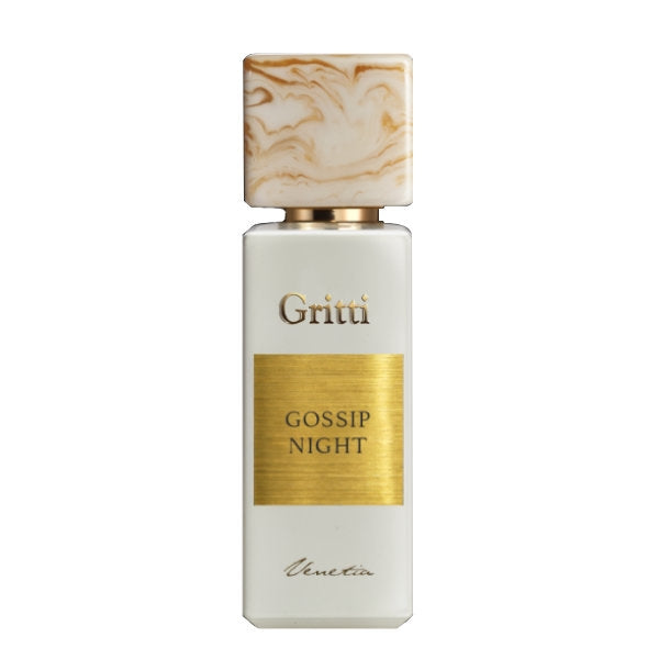Gritti - White Collection - Gossip Night Parfumflakon in elegantem weiß mit goldfarbenem Etikett und marmornem Verschluss