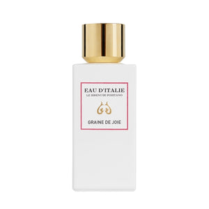 Eau d'Italie - Graine de Joie Parfumflakon in schlichtem Weiß mit elegantem goldfarbenem Verschluss minimalistisch gestaltet
