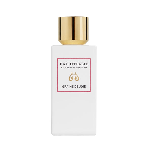 Eau d'Italie - Graine de Joie Parfumflakon in schlichtem Weiß mit elegantem goldfarbenem Verschluss minimalistisch gestaltet