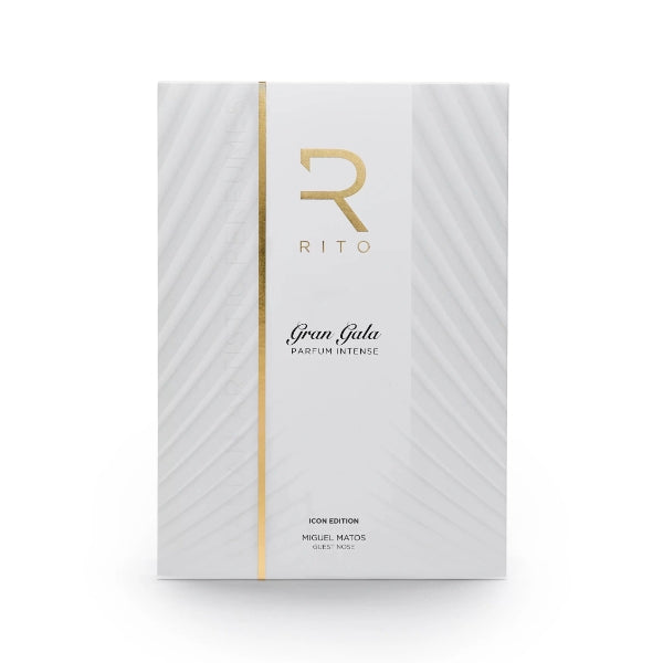 Rito - Gran Gala edle weiße Verpackung mit goldfarbenem R-Logo und vertikaler Linie, minimalistisches Design vor weißem Hintergrund
