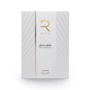 Rito - Gran Gala edle weiße Verpackung mit goldfarbenem R-Logo und vertikaler Linie, minimalistisches Design vor weißem Hintergrund