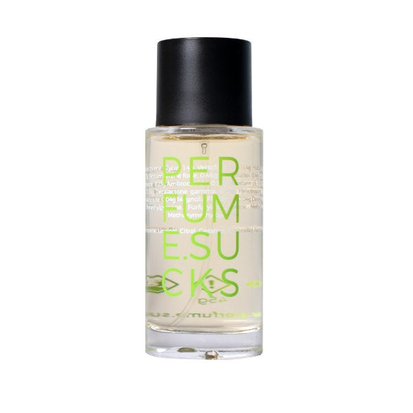 PERFUME.SUCKS - Green 368C Parfumflakon mit klarem Glas, schwarzem Deckel und neongrüner Schrift vor weißem Hintergrund