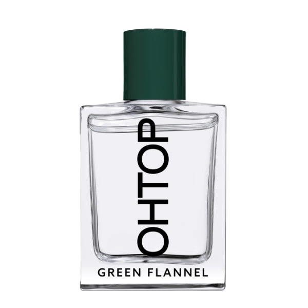 OHTOP - Green Flannel Parfumflakon mit klarem Glas und grünem Verschluss in minimalistischem Design