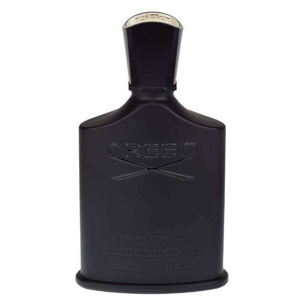 Creed - Green Irish Tweed Parfumflakon in elegantem dunklen Design vor klarem, weißem Hintergrund