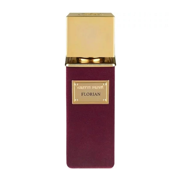 Gritti - Parfum Privée - Florian Flakon in tiefem Burgunderrot mit goldfarbenem Deckel vor weißem Hintergrund