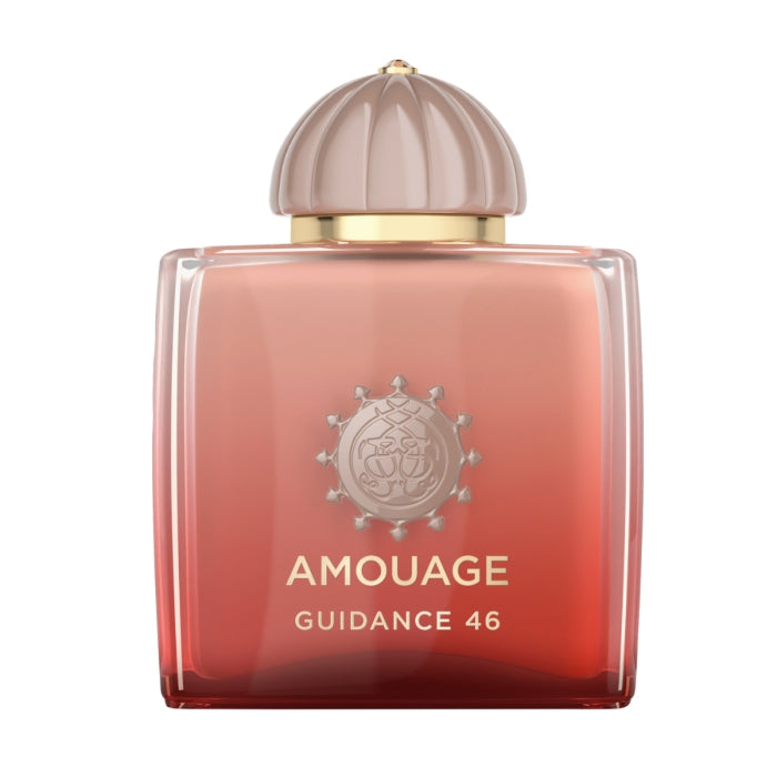 Amouage - Guidance 46 Parfümflakon mit elegantem rosa-goldenem Deckel und orange-rot verlaufendem Glasdesign