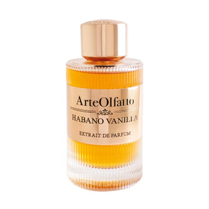 ArteOlfatto - Habano Vanilla Parfumflakon mit goldfarbenem Etikett und warmem bernsteinfarbenem Duftöl auf weißem Hintergrund