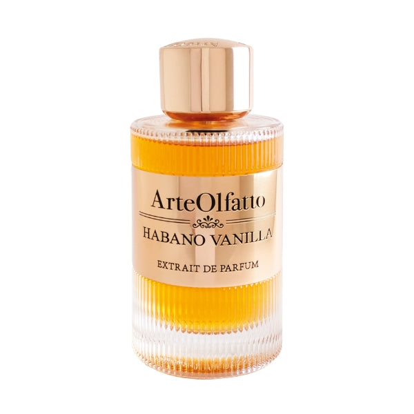 ArteOlfatto - Habano Vanilla Parfumflakon mit goldfarbenem Etikett und warmem bernsteinfarbenem Duftöl auf weißem Hintergrund