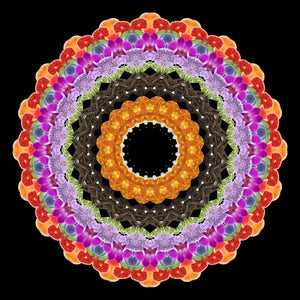 Eau De Moe - Hala Mandala aus bunten Blüten und Früchten in symmetrischem Muster vor schwarzem Hintergrund