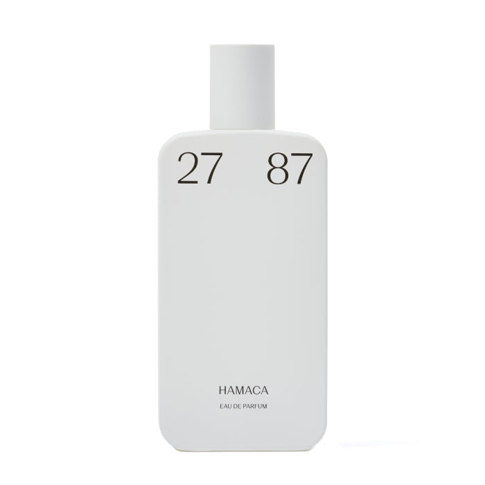 27 87 Perfumes - Hamaca klarer, minimalistischer Parfumflakon mit schwarzer Schrift vor weißem Hintergrund