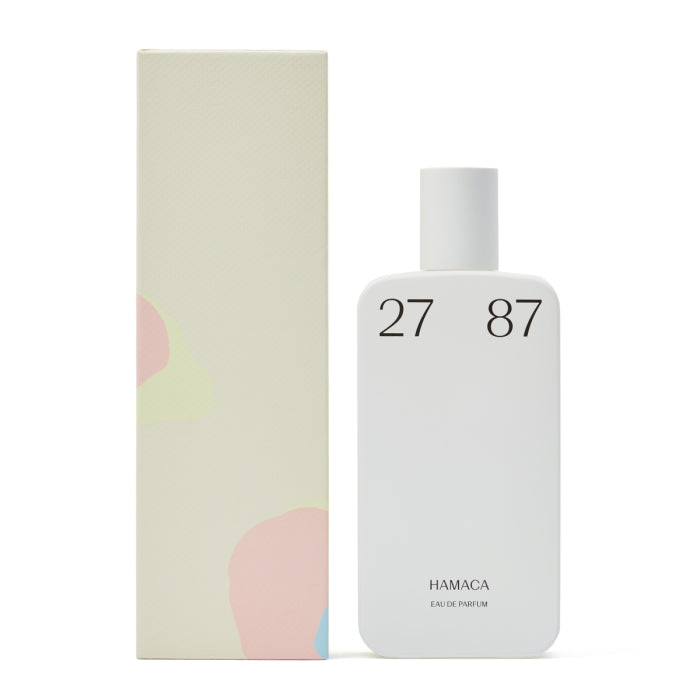 27 87 Perfumes - Hamaca Parfumflakon mit mattem weißen Design und minimalistischer Typografie neben pastellfarbener Verpackung