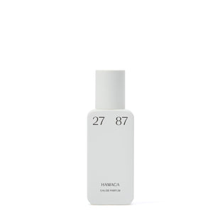 27 87 Perfumes - Hamaca Parfumflakon in schlichtem, weißem Design mit minimalistischer Typografie vor weißem Hintergrund