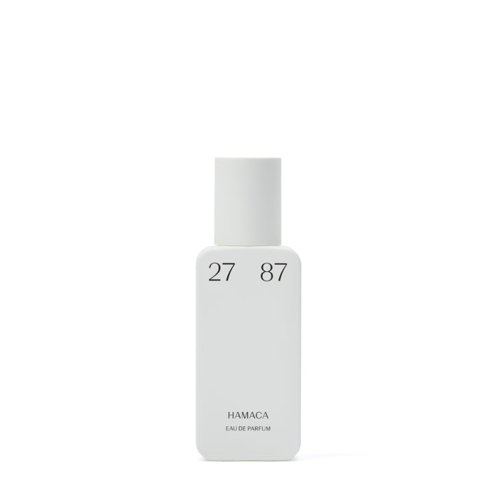 27 87 Perfumes - Hamaca Parfumflakon in schlichtem, weißem Design mit minimalistischer Typografie vor weißem Hintergrund