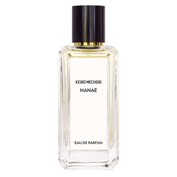 Keiko Mecheri - Hanae Parfumflakon mit klarem Glas, rechteckiger Form und elegantem schwarzem Deckel in schlichtem Design