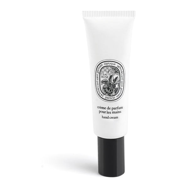Diptyque - Eau Rose - Handcream in weißer Tube mit schwarzem Schraubverschluss auf weißem Hintergrund