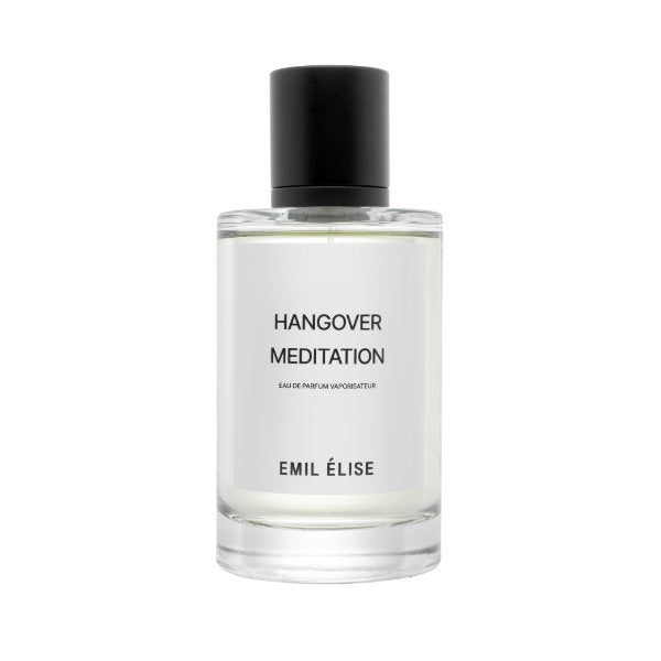 Emil Élise - hangover meditation klarer Parfumflakon mit schwarzem Verschluss und schlichtem weißen Etikett
