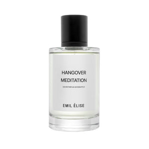 Emil Élise - hangover meditation klarer Parfumflakon mit schwarzem Verschluss und schlichtem weißen Etikett