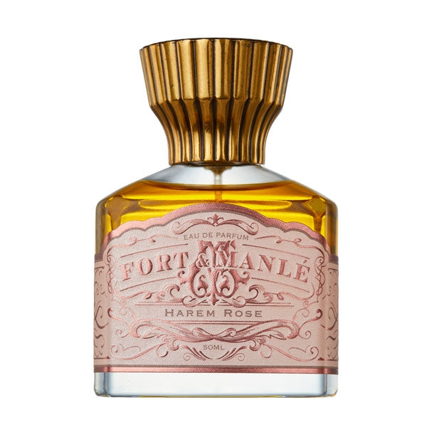 Fort & Manlé - Harem Rose Parfümflakon mit zart rosa Etikett und elegantem goldfarbenem, gerilltem Verschluss vor weißem Hintergrund
