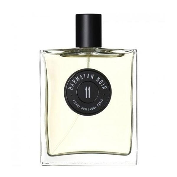 Pierre Guillaume - Harmatan Noir No.11 Parfumflakon mit klarem Glas, zart gelber Flüssigkeit und schwarzem Verschluss vor weißem Hintergrund