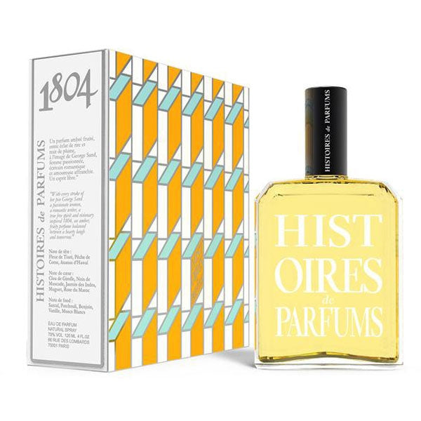 Histoires de Parfums 1804 George Sand perfume in square clear bottle with black cap and patterned yellow white box