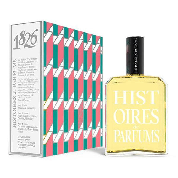 Histoires de Parfums - 1826 - Eugénie de Montijo Parfumflakon mit leuchtend gelber Flüssigkeit und farbenfroher Verpackung