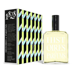Histoires de Parfums 1828 Jules Verne perfume in rectangular clear bottle with black cap and geometric patterned box