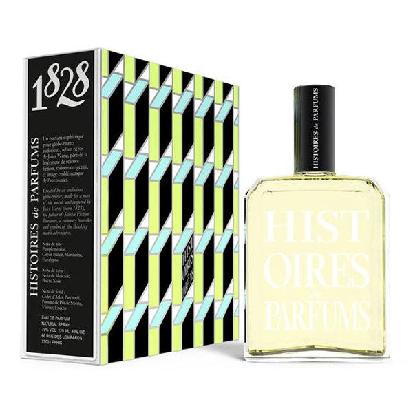 Histoires de Parfums 1828 Jules Verne perfume in rectangular clear bottle with black cap and geometric patterned box
