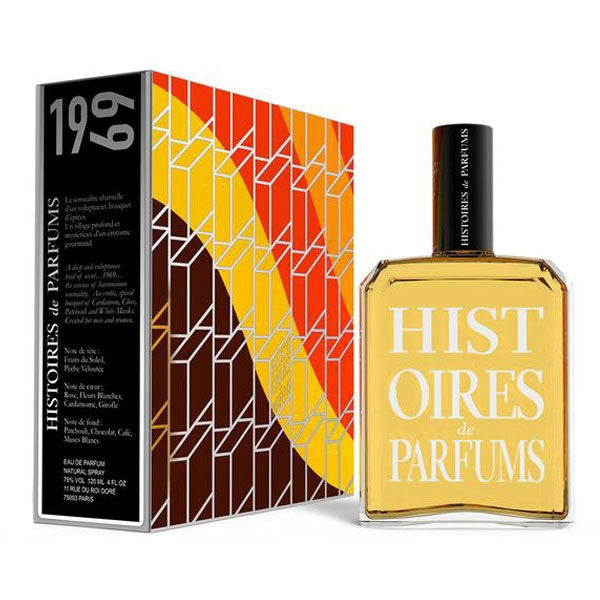 Histoires de Parfums - 1969 - Parfum de Révolte Flakon mit bernsteinfarbener Flüssigkeit und farbenfroher Verpackung