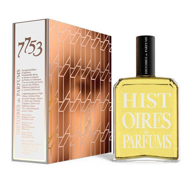 Histoires de Parfums - 7753 - Mona Lisa Parfumflakon mit gelber Flüssigkeit und geometrischer Verpackung vor weißem Hintergrund