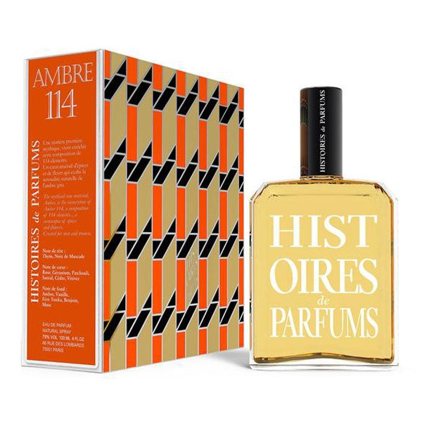 Histoires de Parfums - Ambre 114 Parfumflakon mit bernsteinfarbener Flüssigkeit und geometrischer Verpackung.