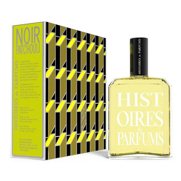 Histoires de Parfums Noir Patchouli in clear rectangular bottle with black cap and geometric yellow patterned box